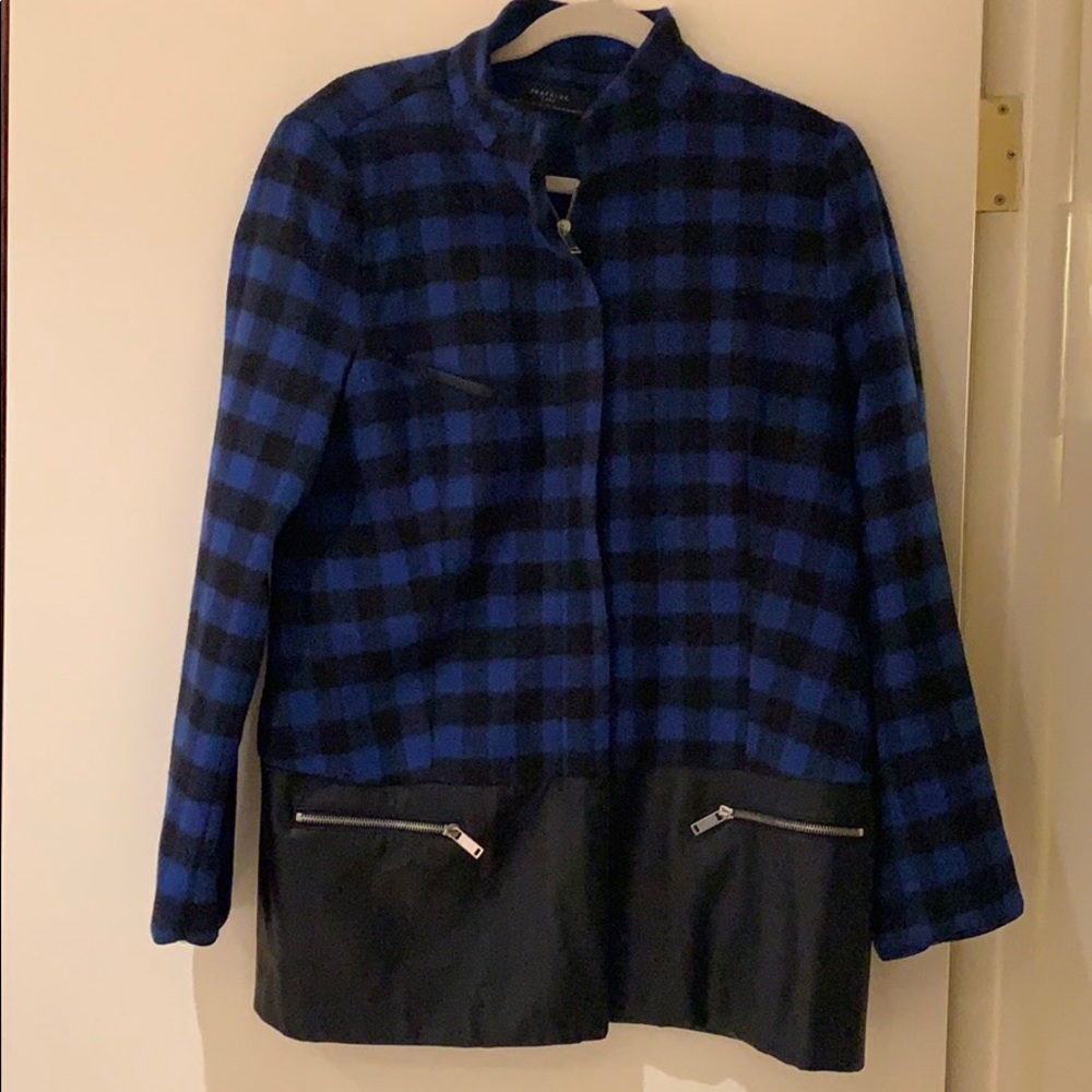 Zara Plaid Coat with leather trim. Size L